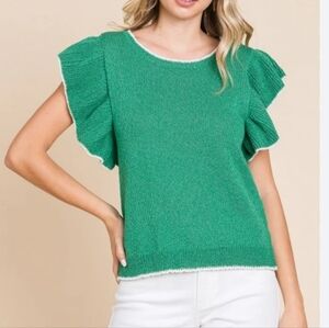 Max Studio Green Ruffle Flutter Sleeve Top Casual Peasant Boho Embroidered